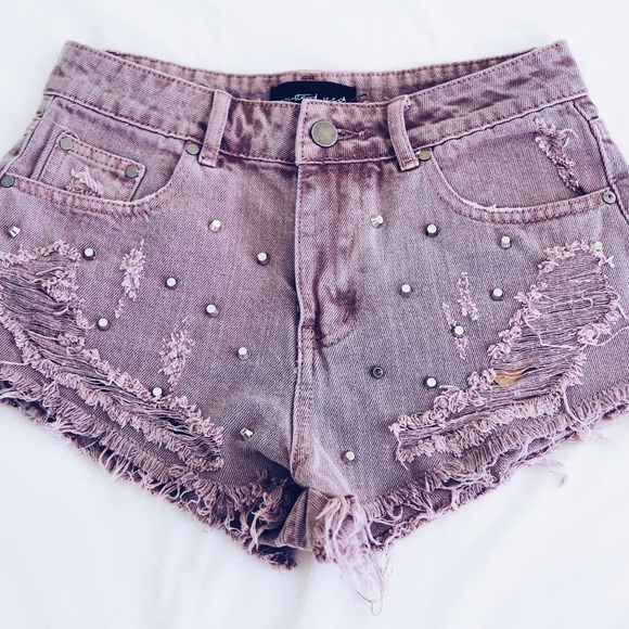 1 left - Mauve Denim Distressed Studded Shorts - Picture 8 of 8